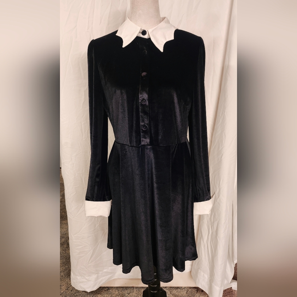 "Wednesday" Black Velvet-Type Dress with White Accents